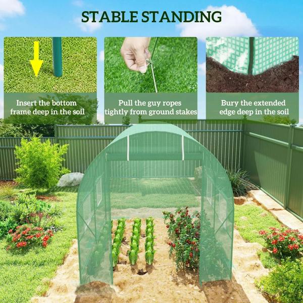Green polytunnel greenhouse over garden beds with mesh walls and arched frame