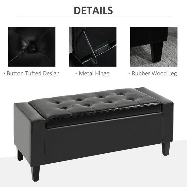 Tufted button PU leather storage ottoman bench with metal hinge and wooden legs