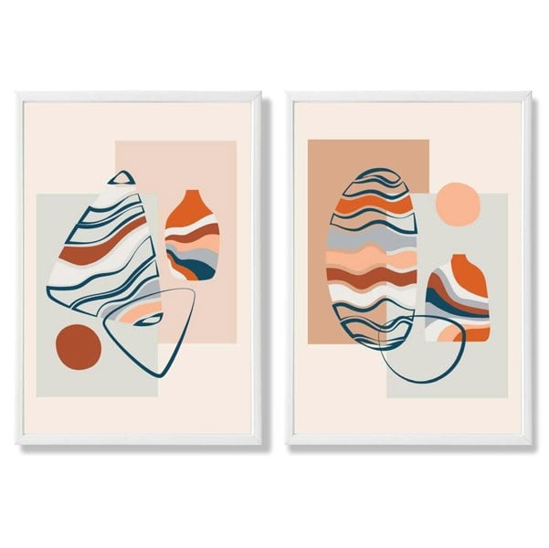 Sage Green Geometric Pineapple Fruit Set of 2 Art Prints with White Frame