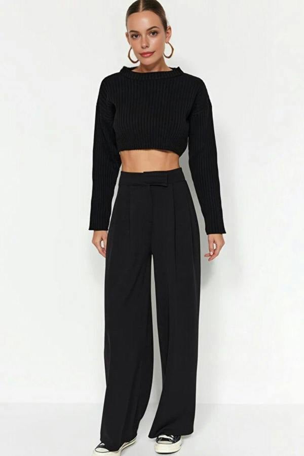 WOVCOR High Waist Pleated Wide Leg Trousers with Velcro Closure