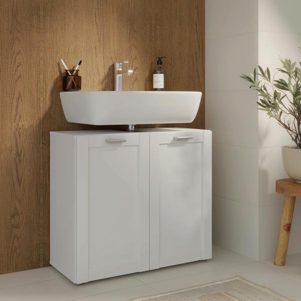 Furniture To Go Lokko Under Sink Bathroom Storage Unit with 2 Doors & Silver Handles in White