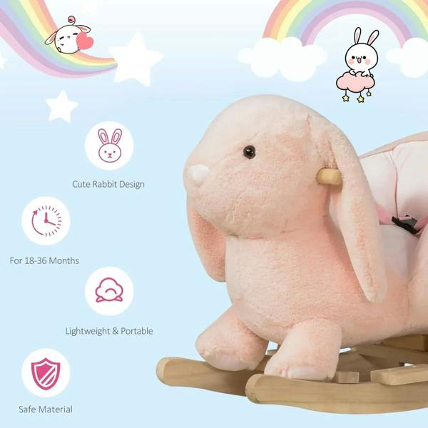 Pink plush rabbit rocking horse ride-on, side view with wooden rocker base