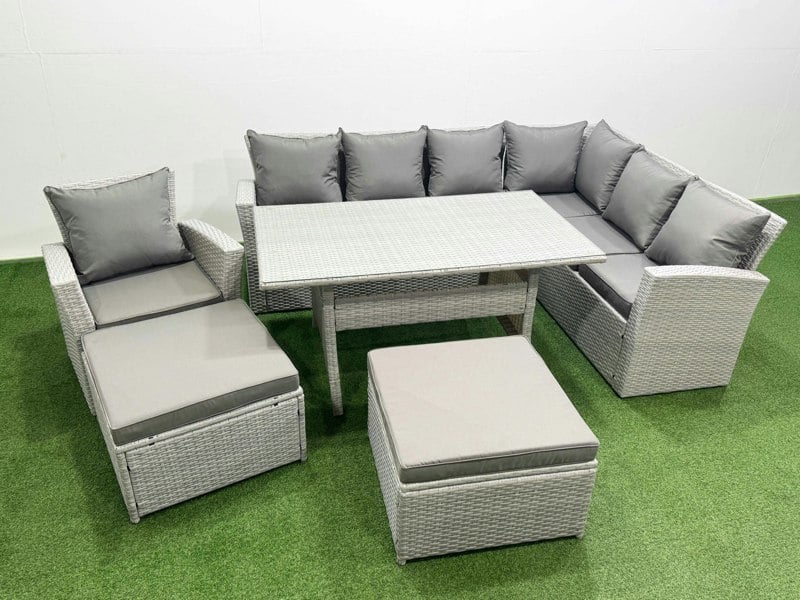 Fimous Rattan Garden Furniture Set Outdoor 9 Seater Patio Dining Corner Sofa Sets with Dining Table Chair 2 Big Footstools Light Grey Mixed