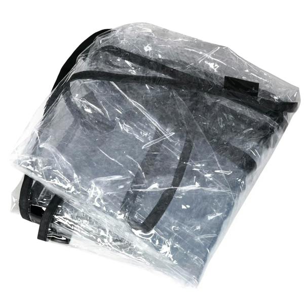 Dog stroller rain cover packed in a clear plastic bag, red and black panels