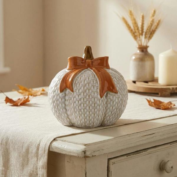 Garden Greatness Checked Pumpkin Orange Bow Ornament
