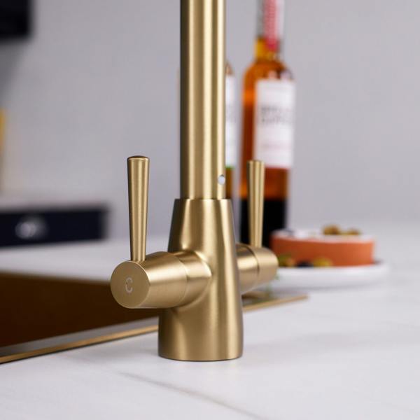 Flode Harstad | Dual Lever Kitchen Sink Mixer Tap with Swivel Spout | Brushed Brass Finish