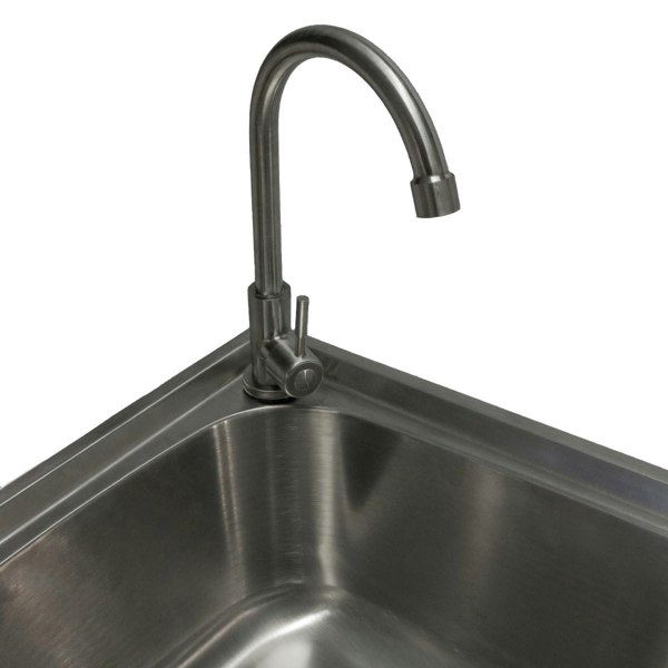 Portable stainless steel camping sink with a sleek, curved faucet and a polished surface, ideal for outdoor washing needs