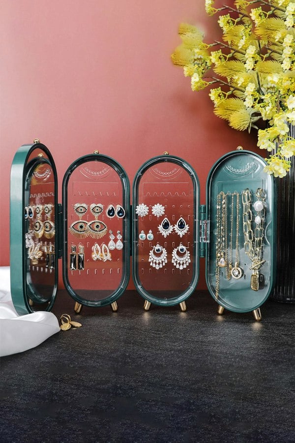 Living and Home 4-Tier Jewelry Display Box Earring Storage Jewellery Organizer Stand Women Gift with Mirror For Dormitory & Bedroom Vanity Case