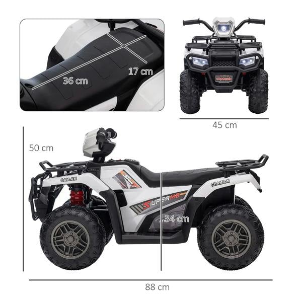 Kids ride-on ATV in white with black seat, wheels, and front/rear size measurements.