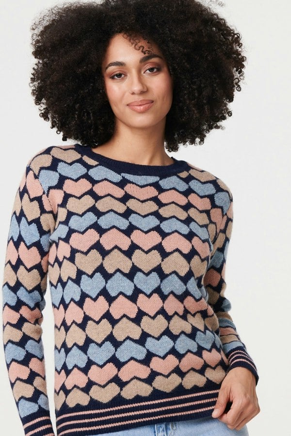 Navy | Heart Print Long Sleeve Jumper
