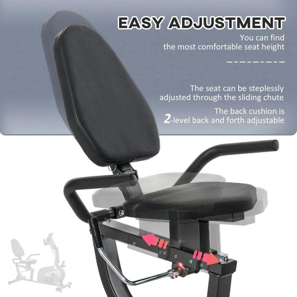 Adjustable padded seat with backrest and sliding adjustment lever on a black recumbent bike
