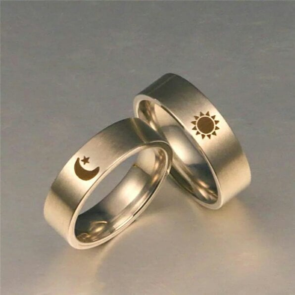 The Colourful Aura Stainless Steel Couple Moon and Sun Promise Wedding Band Ring Set