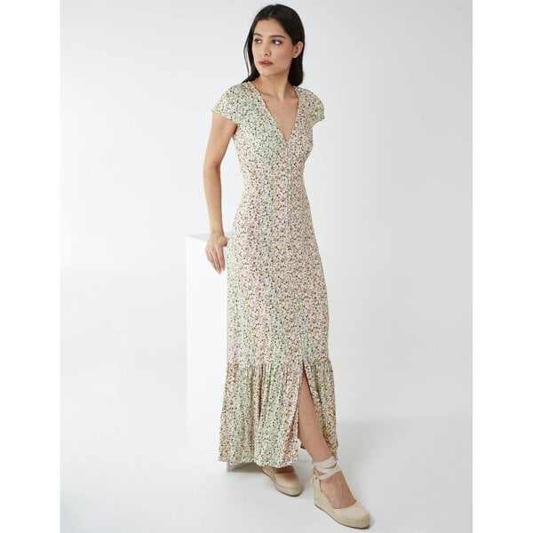 Blue Vanilla Ditsy Print Cap Sleeves Button Front Midi Dress
