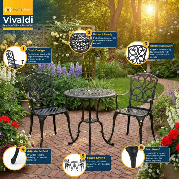 Homeology VIVALDI Black 3-Piece Cast Aluminium Garden Bistro Set - Round Table & 2 Generously Sized Chairs - for Patio, Balcony & Conservatory
