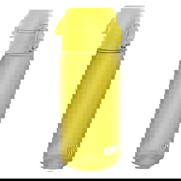 A yellow ION8 water bottle sits on a white background. The bottle has a flip top lid.