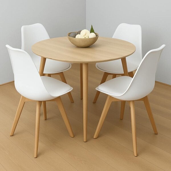 Kosy Koala Dining Table And 4 Chairs Grey Round Table With 4 Grey Plastic Chairs Dining Room Furniture - Beige - Table + 4 white tulip chairs