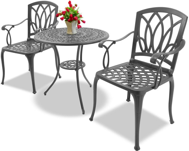 Centurion Supports POSITANO Luxurious Garden and Patio Table and 2 Large Chairs with Armrests Cast Aluminium Bistro Set - Grey