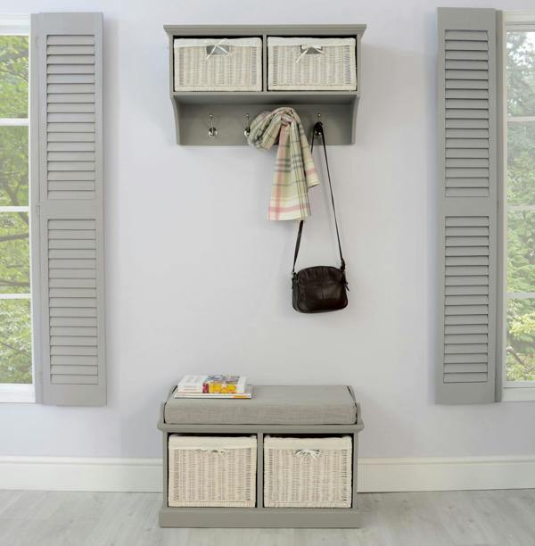 Statement Furniture Tetbury Hanging Shelf with 2 White Wicker Baskets. Wallmounted Coat Rack Assembled