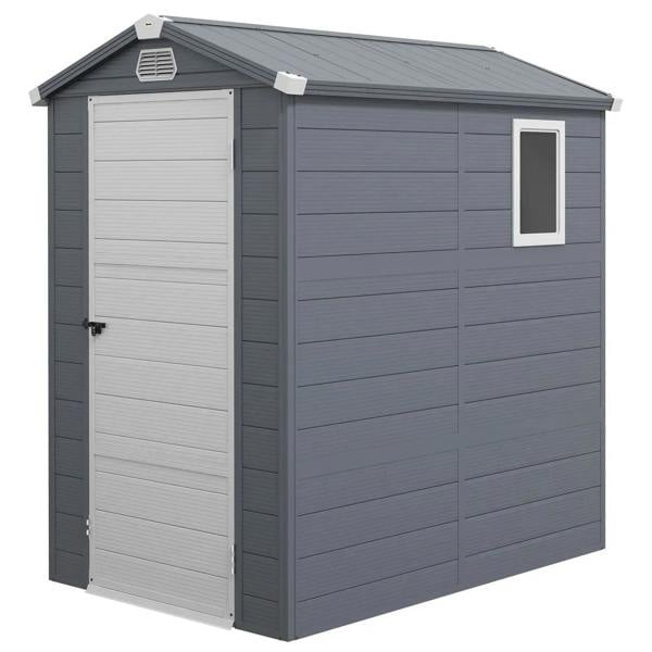 Grey plastic wall shed with single door, side window, and roof vent