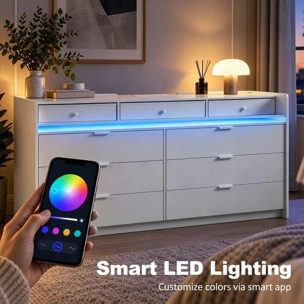 Chest of Drawers for Bedroom with LED Light & Charging Station, 9 Drawers Storage Unit/TV Stand, White