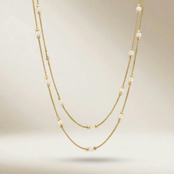 The Colourful Aura Double Strand Pearl & Gold Necklace | 18ct Gold Plated