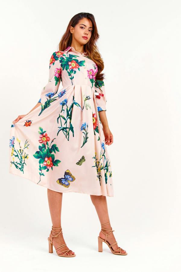 LuvForever Beige Floral Pleated Midi Dress