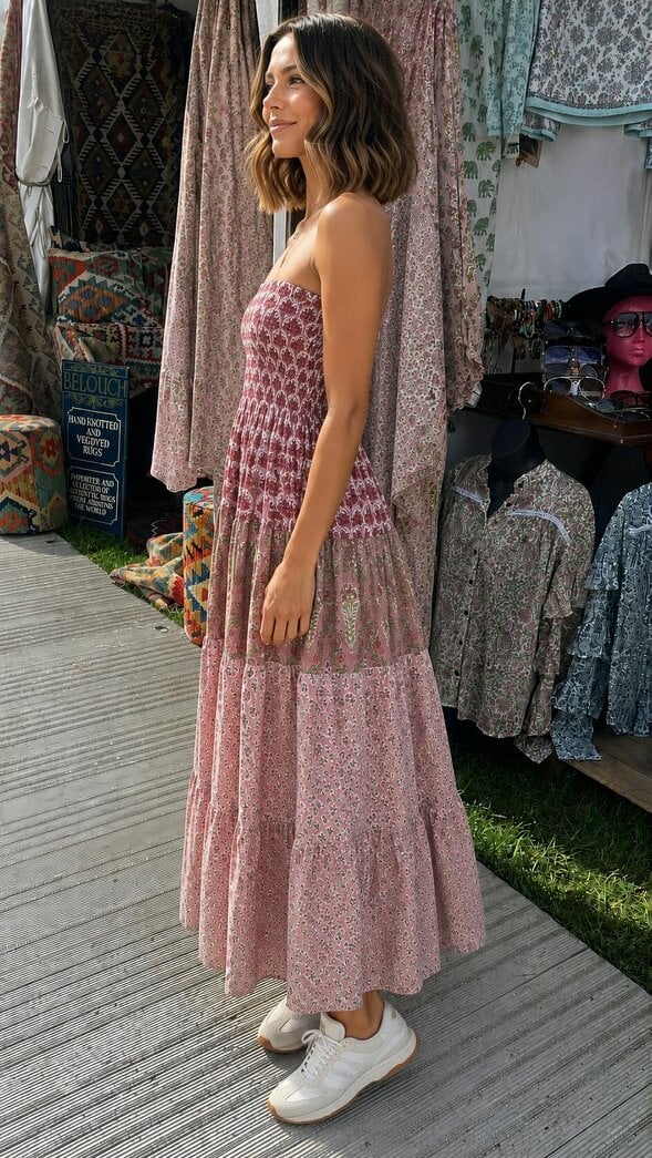 Soul Of Sita Elasticated bodice soft pinks sun dress in beautiful woodblock prints . 100 % cotton voile
