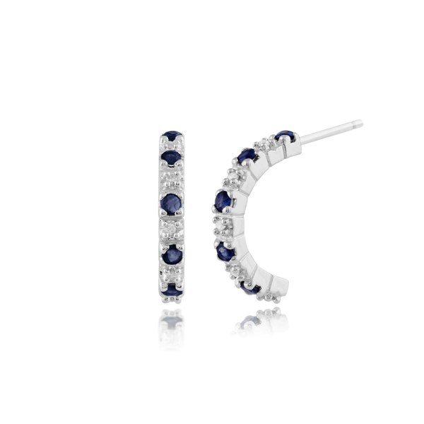 Classic Round Sapphire & Diamond Half Hoop Earrings & Half Eternity Ring Set in 9ct White Gold - Gemondo