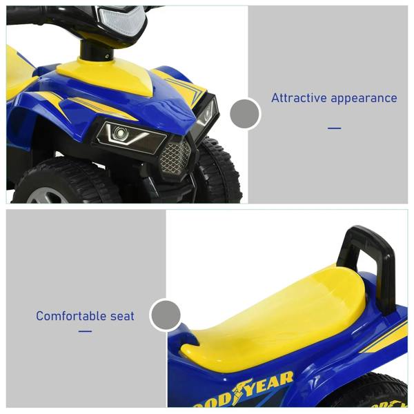 Blue ride-on quad bike with comfortable yellow seat, front grille, and treaded tires