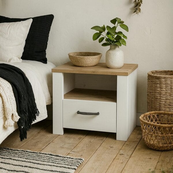 Wyld Haus Bramblecroft White and Natural Oak Wood 1 Drawer Bedside Table