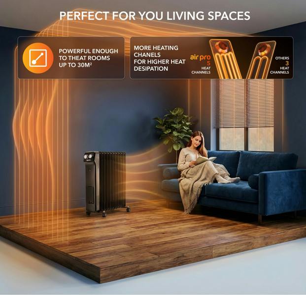AIR PRO Oil-Filled Electric Radiator 2500W, Adjustable Thermostat, 3 Settings
