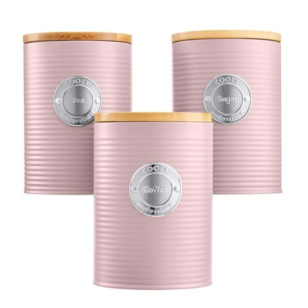 Cooks Professional 3 Piece Kitchen Storage Set with Bamboo Lids | Pink / Silver