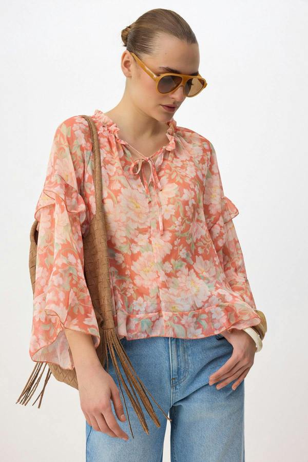 WOVCOR V Neck Raglan Sleeve Frill Detail Sheer Blouse