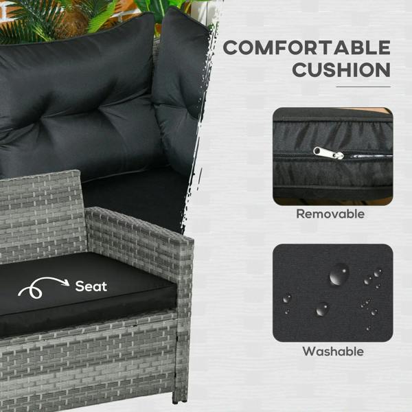 Black removable cushion on grey rattan footstool with water-resistant finish detail