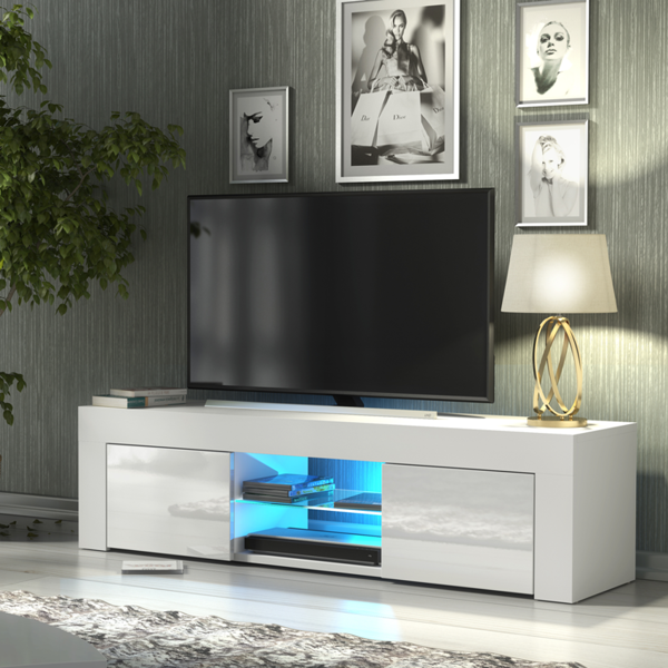 Mex Furniture Striking 130cm TV Unit & Cabinet White High Gloss Doors Free LED Lights