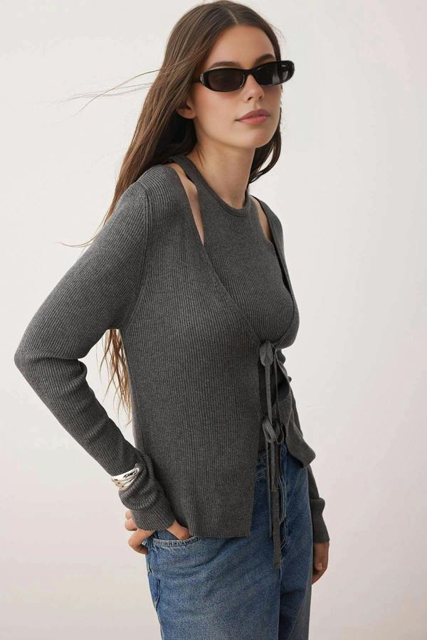WOVCOR 2-Piece V-Neck Mercerized Look Knitwear Cardigan-Blouse Set