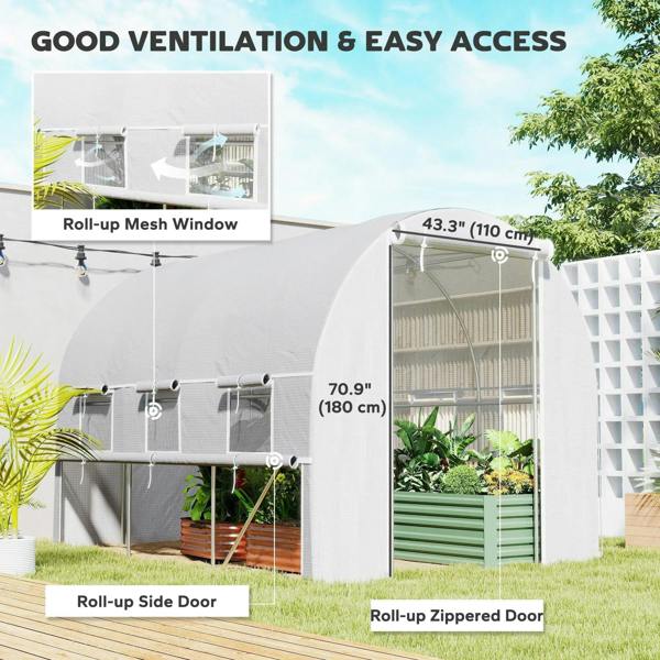 White polytunnel greenhouse with roll-up mesh window and roll-up zip door