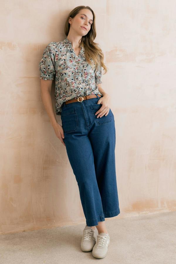 Lily & Me Wren Printed Frill Blouse Ocean