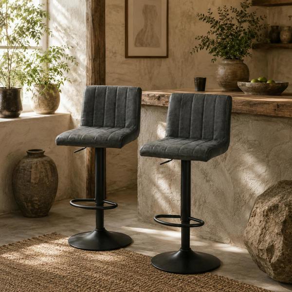 Wyld Haus Ralava Set Of 2 Faux Leather Grey Adjustable Swivel Bar Stools With Footrests