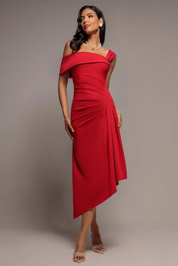 Off Shoulder Pleated Waist Asymmetric Midaxi Dress - Red DR5137