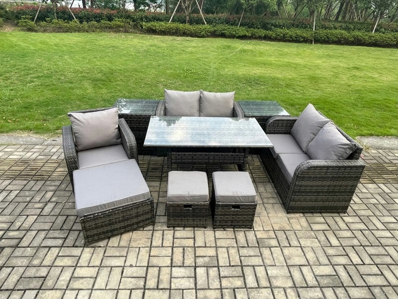Fimous Lounge Rattan Sofa Set Outdoor Garden Furniture Oblong Rectangular Dining Table With Chairs 3 Footstools 2 Side Tables 8 Seater Dark Grey Mixed
