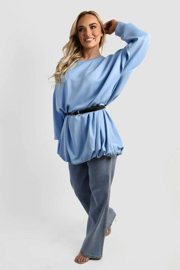 Nadia Belted Long Sleeve Mini Balloon Dress - Sky Blue