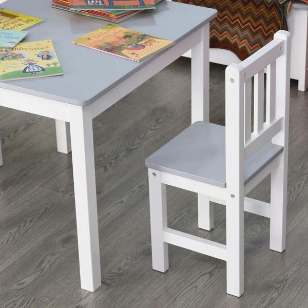 Kids table with white legs and grey-seated white slatted chair