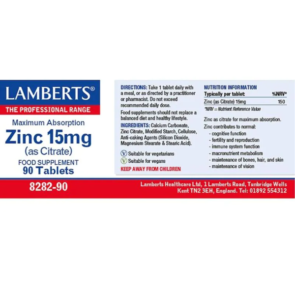 Lamberts Zinc 15mg (as Citrate) 90 tablet