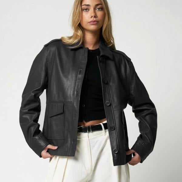 Barneys Originals Women's Real Leather Utility Leather Jacket