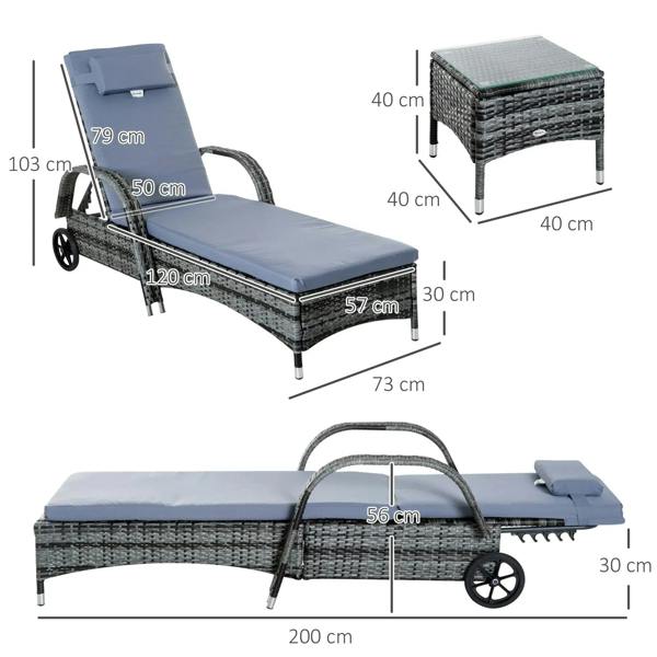 Grey rattan wheeling recliner sun lounger with light-blue cushion and side table