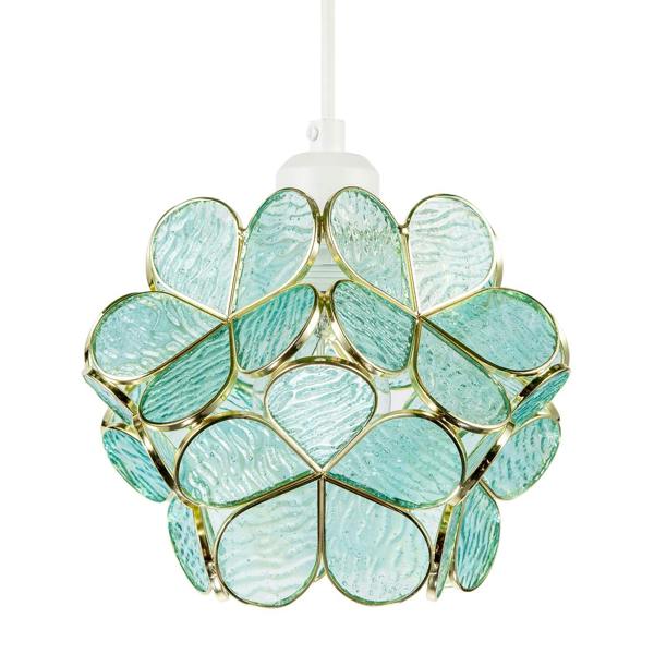 Floral Petal Pendant Light Shade with Teal Glass and Shiny Gold Frame Image 4