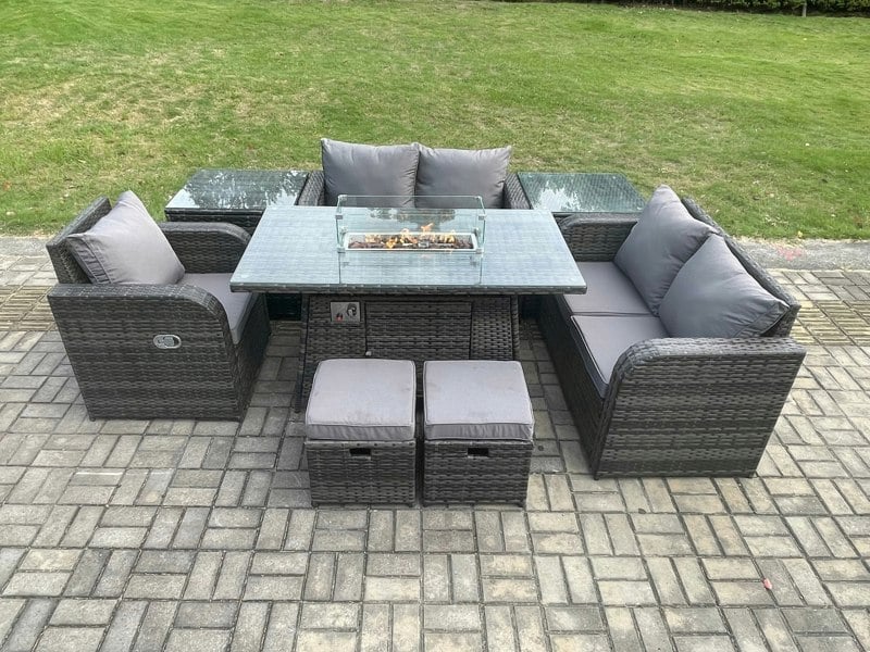 Fimous Rattan Outdoor Gas Fire Pit Dining Set | Reclining Chair, Sofa, 2 Side Tables, 2 Footstools | Dark Grey