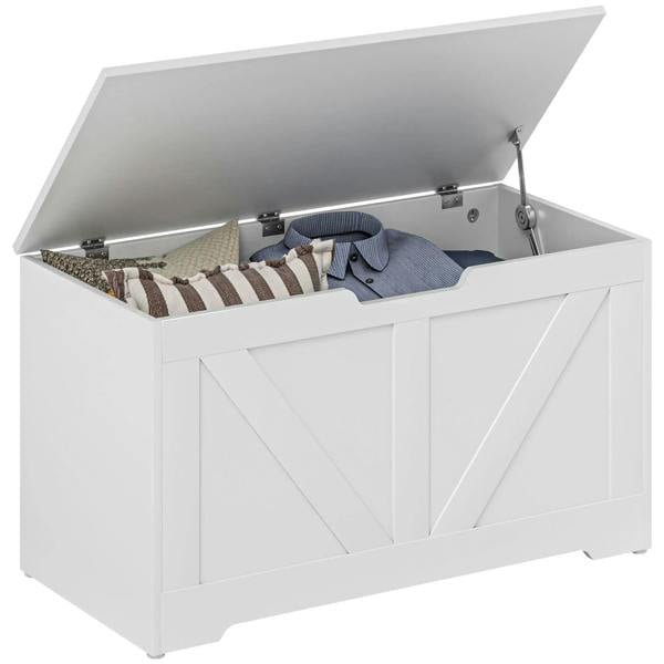 White wood-effect storage box with safety hinges, lid open to show folded items