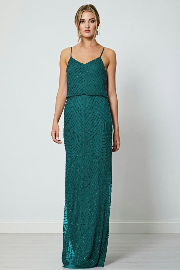 Cami Sequin Stripe Embellished Maxi Dress in Emerald Green - ANGELEYE